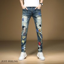 JUST FEEL!NG 가을 남성용 자수 프린팅 찢청 편한 롱 청바지 일자핏 스판 데님 바지 캐주얼