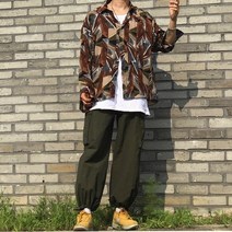 오버핏 조각 패턴 실키 셔츠 남자 여자 남녀공용 갈색스트릿 커플 시밀러룩 트윈룩 남방