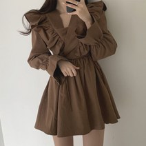 빈티지 브이넥 크로스 프릴 레이스 나팔소매 숏원피스 XT