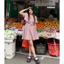 약간 뚱뚱한 mm 학업 스타일 감소 연령 핑크 체크 무늬 서스펜더 스커트 달콤하고 매운 정장 대형 여성용 고기 커버 슬림 드레스, 값 2 조각 세트_1, L 추천 100-120kg