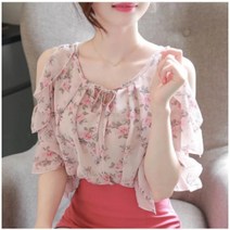 여성블라우스 앞 매듭 프릴 플라워 시폰 반 민 소매 샤방 데이트룩 28074922 봄 가을 여자 셔츠