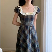 빈티지 코튼 리넨 체크 원피스 여 조거 슬림 레이스 스퀘어 무릎 미디 스커트