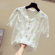 꽃무늬 블라우스 여름 블라우스 여성 셔츠 한국 레이스 할로우 로터스 엣지 스티칭 v넥 반팔 레저 탑 2021 년