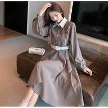 Momolatti 여성용 벨트 배색 긴팔 봄 가을 원피스