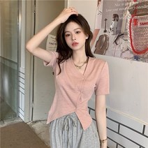 봄코디 핫걸 디자인 센스 틈새 불규칙한 반팔 티셔츠 여성 여름 2022 신제품 순수한 욕망 v 넥 상의 의류