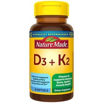 Nature Made 비타민 D3 K2 면역 건강을 위한 식이 보충제 뼈 및 동맥 기능 지원 소프트젤 30개 30일 분량