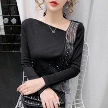 연분을 찾는 마음시크온미 스팽클 반짝이 사선 넥 슬림핏 쫄티 검정 이너 가을 긴팔 티셔츠