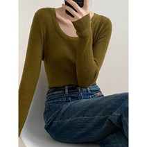 여자니트 언쌍 U넥 니트 추동 스판 슬림핏 긴팔 스웨터