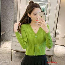 puildaug 봄과 가을 니트 카디건 여성의 짧은 외부 느슨한 긴 소매 에어컨 셔츠 작은 재킷
