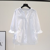 여성 뒷트임 블라우스 셔츠 브이넥 7부 코튼 셔츠 백 슬릿 면 롱 블라우스