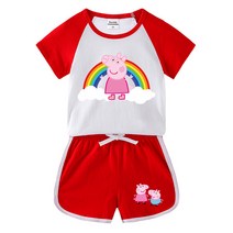 Peppa Pig 페파피그 아동복 면100% 여름 반소매 아동복세트 배색 나그랑 반팔티+랍빠 끈반바지 7색 유아동 캐릭터 복장세트 페파피그 굿즈 1호세트 그림A