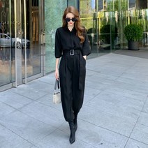 여성 7부 셔츠형 벨티드 블랙 긴바지 점프수트