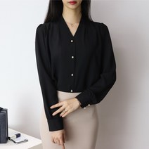 드뷰 여성 브이넥 쉬폰 크림 긴팔 블라우스(2컬러)