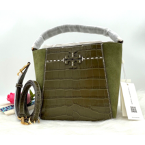 AUTH Tory Burch McGraw Croc Embossed Leather Small Bucket Bag-New Olive