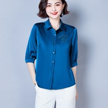 봄여름 자수 코디 루즈핏 배덮개 상의 칠부 소매 실크 새틴 셔츠