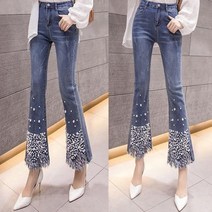 여자 부츠컷 데님 청바지 옆트임 비즈 레이스 UP18