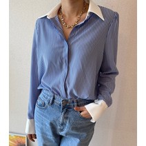 배색 카라 쉬폰 실키 소매 포인트 스트라이프 블라우스
