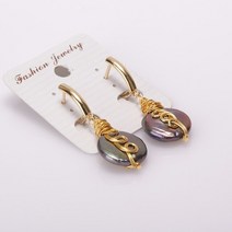 담수 왕 흑 진주 귀걸이 골드 구리 와이어 래핑 라운드 빅 블랙 천연 비즈 매력 여성용