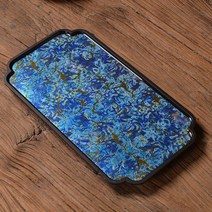 자개 쟁반 트레이 빈티지 멜라민 중국식 빈티지 다도 과일 쟁반 소차, 대칠호수블루 29.5x15.5x1.5cm