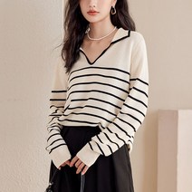 넷투넷코리아 여성 브이넥 루즈 카라 니트 티셔츠 스트라이프 기본