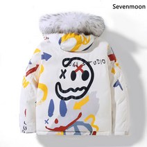 Sevenmoon 남자 다운도 후드 코트 캐주얼 재킷 캐릭터 그래피티 흰오리털