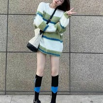 SJW 겨울 여성용 라운드 스웨터 롱 니트 보들보들 단가라 배색 빅사이즈