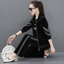 KUANRAN엄마옷 집업자켓 맨투맨 조거팬츠 벨벳 트레이닝 3종세트 중년여성의류 40대60대 츄리닝 운동복 빅사이즈8/27W