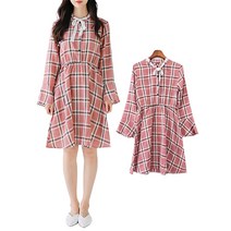 리본끈 레이스 빅체크 긴팔 미디 치마 원피스 (핑크 / F_66)