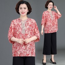 플라워블라우스패션 엄마 여름옷 와이드 팬츠 어머니날 프린팅블라우스 미드 노년 스타일리쉬 상의 여성 4739520607