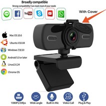 웹캠 1080P 풀 HD 웹 카메라 마이크 포함 USB 플매트 카펫 러그 앤 플레이 비디오 통화 PC 컴퓨터 용 데스크탑 게이머 캐스트, [02] Black with Cover