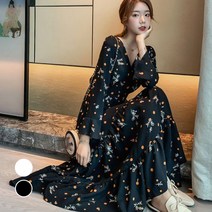 고래백화점 예쁜 꽃무늬 패턴 브이넥 디자인 여성 긴팔 롱 원피스 선물 외출 심플 큐티 남자친구