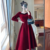 FANSYLI 여성 레드 하객룩 긴팔원피스 브이넥원피스 미디움 조거 슬림핏 원피스 트임 원피스 W7J24