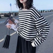 여성 트레이닝룩 여행 줄무늬 긴팔티 깔끔한티셔츠 봄