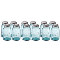Ball 넓은 입구 쿼트 (946.4ml(32온스) 유리 식품 보존 피클 통조림 메이슨 병 뚜껑과 밴드 포함 투명 12개입(포장은 다를 수 있음) (매끄러운 투명), Vintage Blue, Vintage Blue