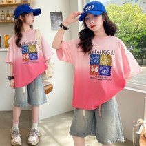 비비키드 여아 여름 상하 세트 상하복세트 초중생 주니어 반바지 캐쥬얼 그라데이션 청바지 상하복장