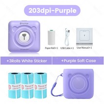 핸드폰사진인화기 사진출력기Peripage A6 감열식 미니 포켓 프린터 203 304dpi 라벨 사진 스티커 퍼플, 04 Add 3Rolls-C 1Case