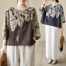 여름 인견블라우스 엄마옷 빅사이즈 반팔 에스닉 크롭 루즈핏 라운드 반팔 꽃무늬 가오리핏