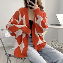 마이시즌 여성용 아가일 루즈핏 브이넥 가디건