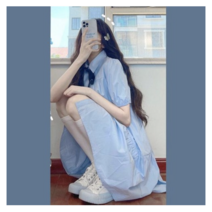 하늘색 리본 캉캉 바스락 캐주얼 여름 키작녀 원피스 페미닌 캐주얼 바캉스 청소년 10대 20대 코디