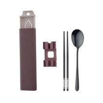 피크닉 식기 세트 스테인리스 스푼 젓가락 상자 휴대용 여행 캠핑 플랫웨어 휴대폰 홀더 3개, Black 1