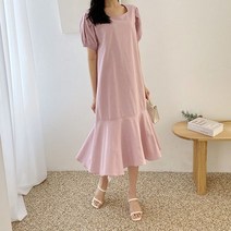 청순한 데일리룩 라운드 퍼프 프릴 반팔 롱원피스