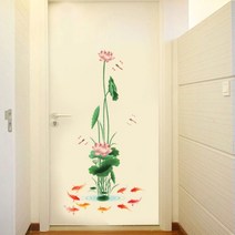 풍수 홈데코 포인트 스티커 기원연꽃 비단잉어 구어도 도벼락 꽃이 피우렴 재불운복이 온다는 벽지 pvc방수 스티커 장식 거실 데코스티커, 잉어연꽃 스티커17번