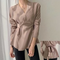 슬리브 랩 블라우스 허리 스트링 오피스룩 플레어라인