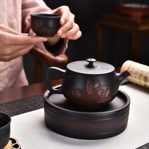 보라색 도자기 주전자 수제 Xishi 구호 연꽃 단일 냄비 가정용 차 보라색 진흙 선물 차 세트 마스터 컵, 보라색 도자기 점핑 칼 차 세척