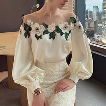 여성 새틴 럭셔리 디자인 자수 메쉬 스플라이스 파티 블라우스 탑 패션 꽃 긴 소매 셔츠