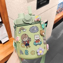귀여운 컵 물병 배꼽컵 휴대용 병 보온병 컵 보온병 짚병 대용량 병 1000ML, 녹색의