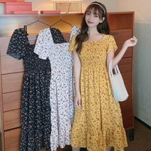 NestST여자 예쁜 꽃무늬 패턴 스모크 밴딩 데일리 원피스 니트 미디 롱원피스 반팔 프릴 브이넥