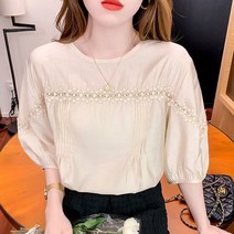 디자인 감각 레이스 패치 퍼프 블라우스 아이버리아 A31 N742G245