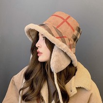 여성 체크 뽀글이 스웨이드 귀달이 벙거지 버킷햇 골프 캠핑방한 모자 2030골프웨어, 브라운