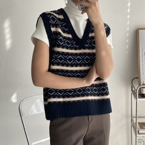 뜨개진 여성용 울 자카드 패턴 브이 니트 만티아 베스트